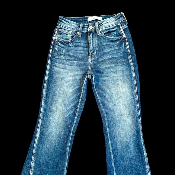 Kancan Brooklyn High-Rise Boot Cut Jeans Size 1/24 Dark Blue Raw Fringe Hem #207 - Picture 8 of 16